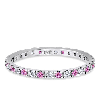 Stackable Ring Round Eternity Simulated Pink & Clear CZ 925 Sterling Silver
